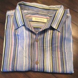 🌴 Tommy Bahama Silk blend vertical strip short sleeve button down shirt